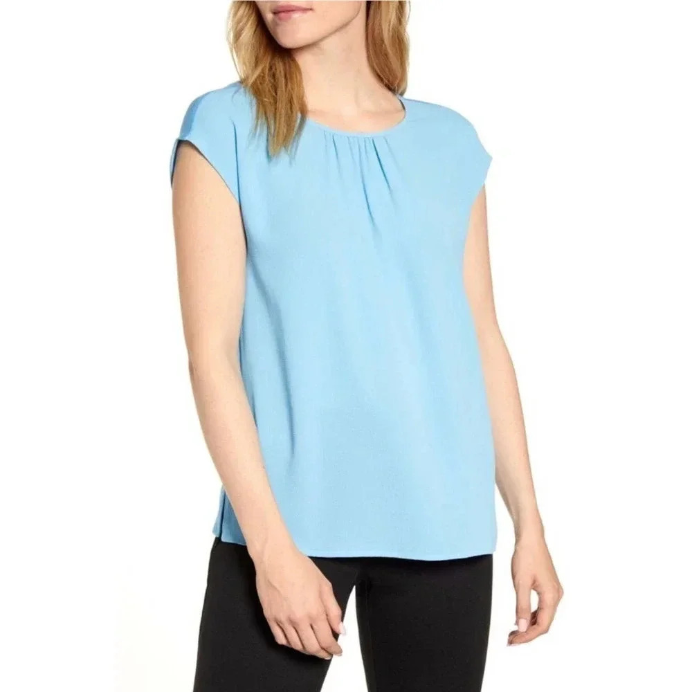 Vince Camuto Women's Blue Gathered Neck Flowy Blouse Large NWT
